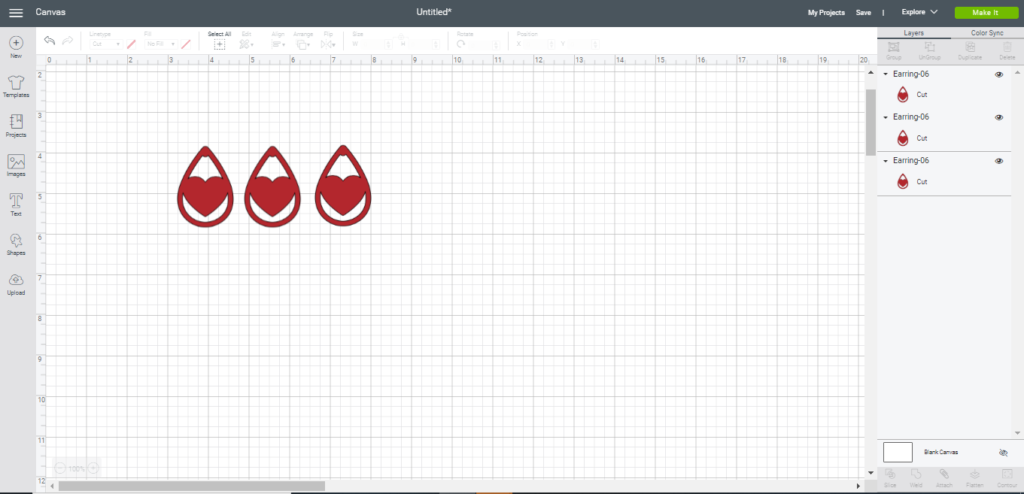 Love earrings on a Cricut canvas in Cricut Design Space