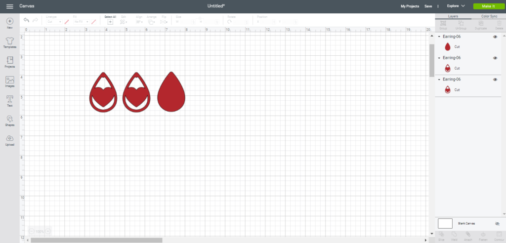 Valentine's Day earrings on canvas in Cricut Design Space