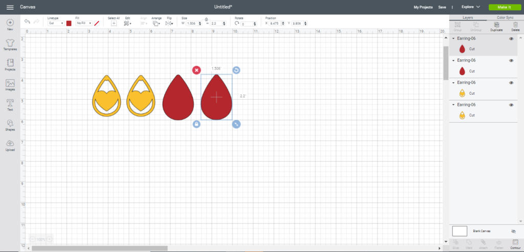 love earrings on a cricut canvas in cricut design space