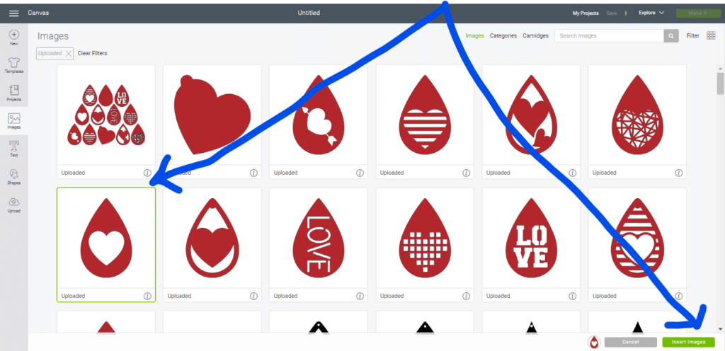Heart Earrings DIY, inserting SVG file onto the canvas
