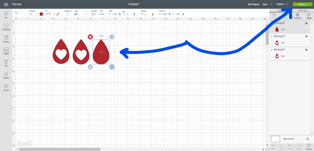 Duplicate diy leather earrings on a Cricut Design Space mat