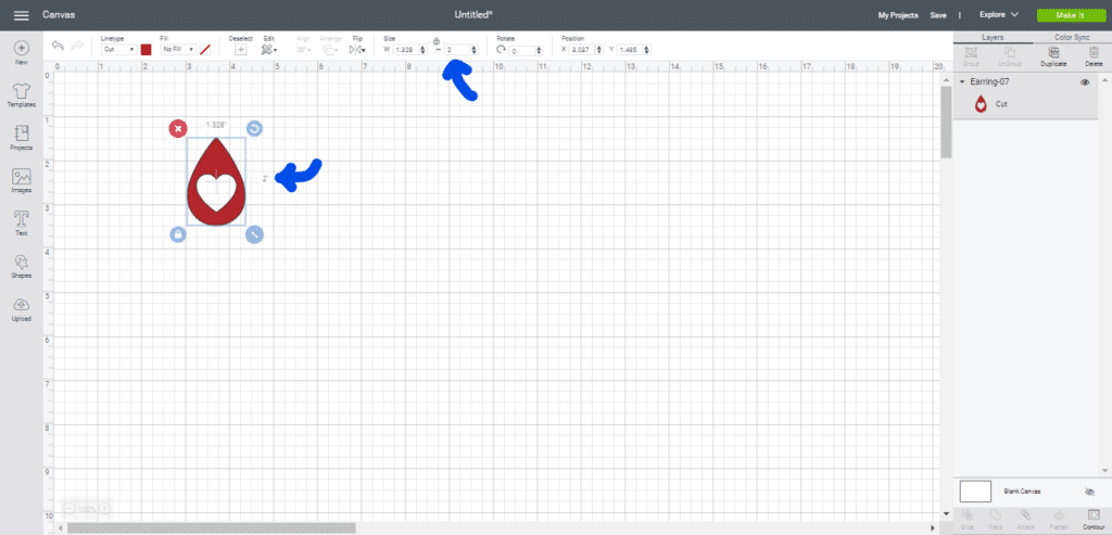 faux leather heart earring on a Cricut canvas