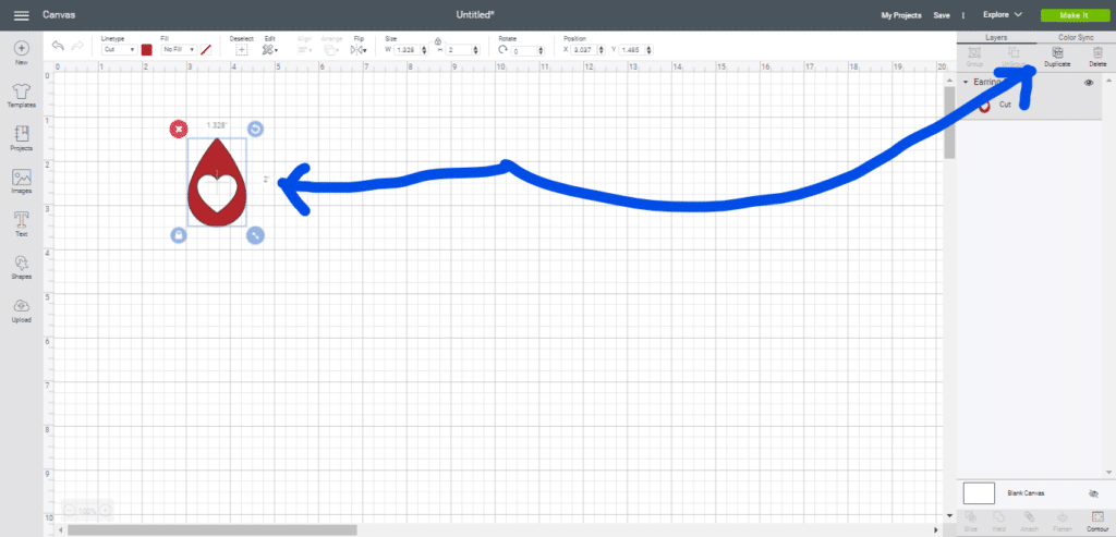 leather heart earring on a Cricut canvas, ready to duplicate