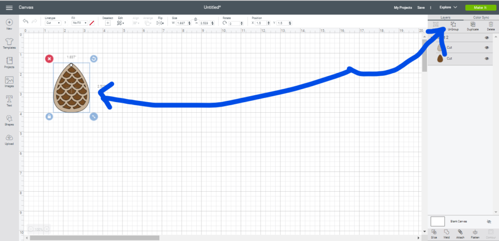 Ungroup a faux leather earring image svg on Cricut Design Space