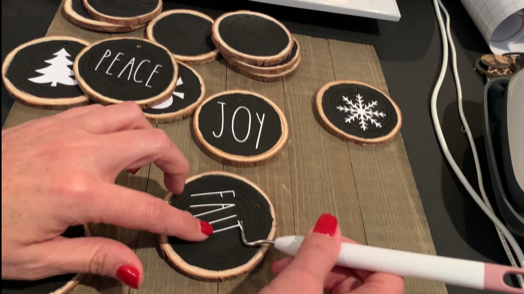 Making Wood Slice Ornaments with Cricut, paint, and vinyl