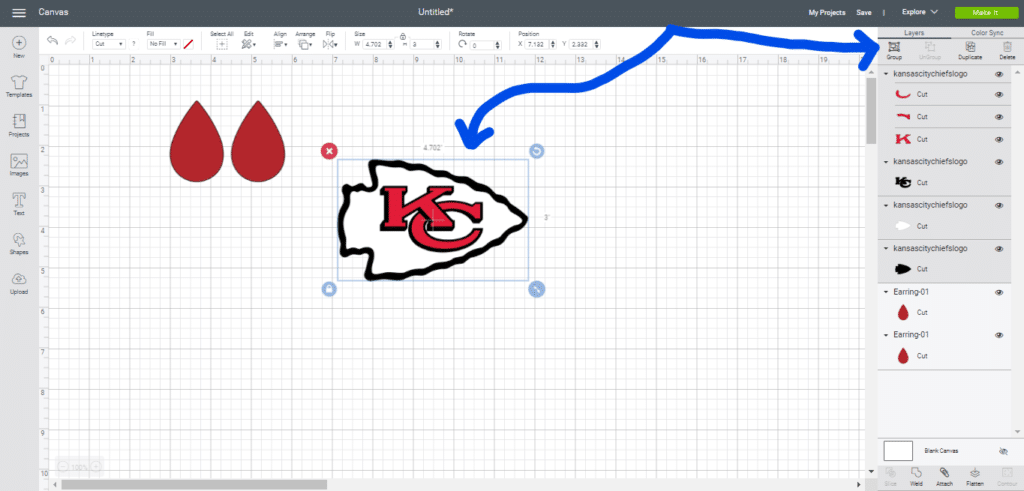 Group images together on Cricut Design space for DIY Chiefs leather earrings