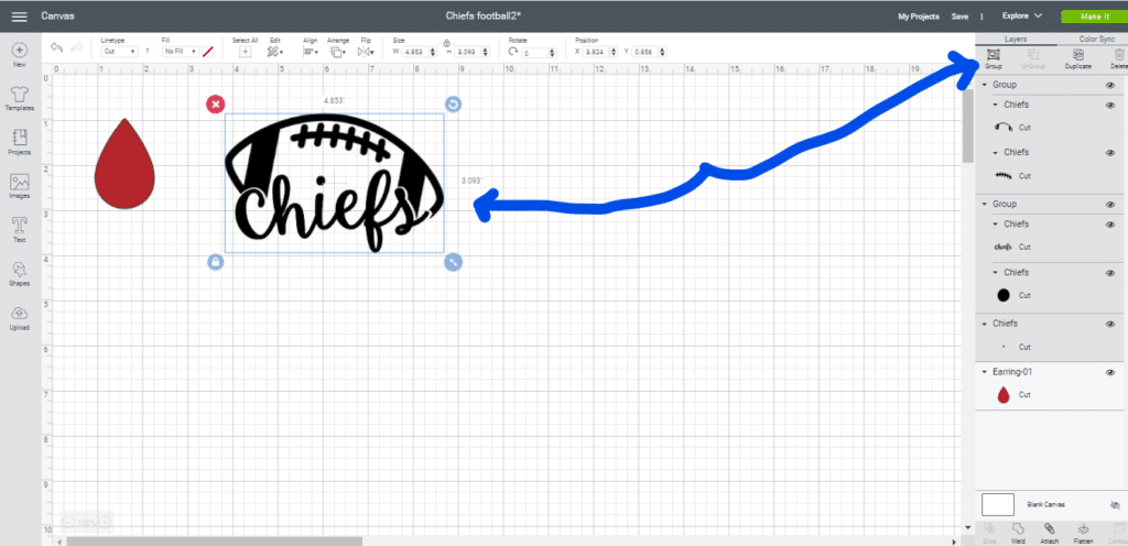 KC Chiefs Earrings DIY images on the Cricut Design SPace mat