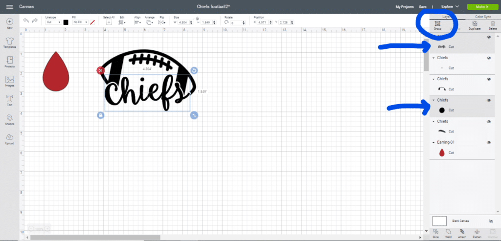 Group together image elements by clicking on the on the menu on the right and then clicking group