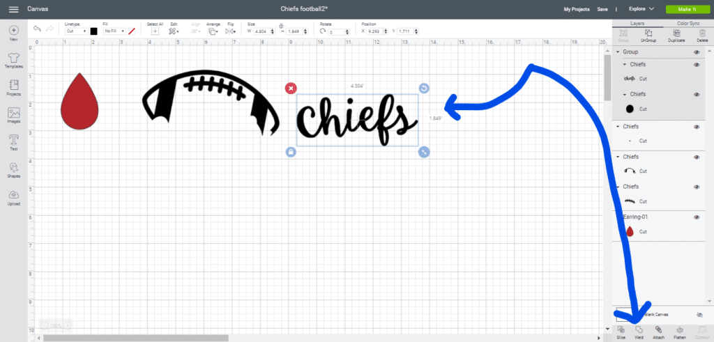 Weld earrings components on Cricut Design Space canvas