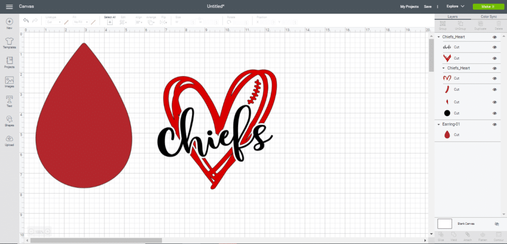 chiefs leather earrings diy components on a Cricut canvas