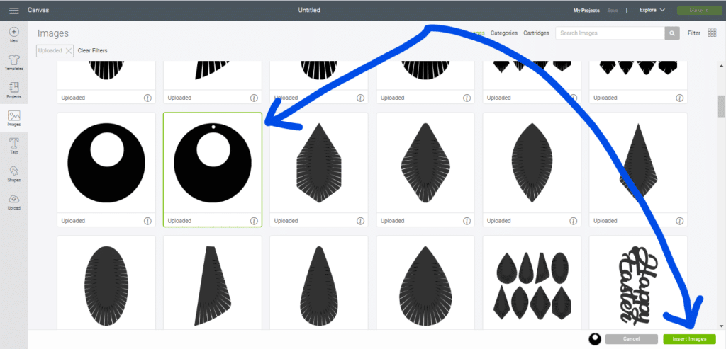 Insert image of diy leather earring onto the Cricut Design Space canvas by selecting the image
