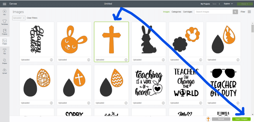 inserting a cross svg earring file for faux leather earrings onto the Cricut canvas