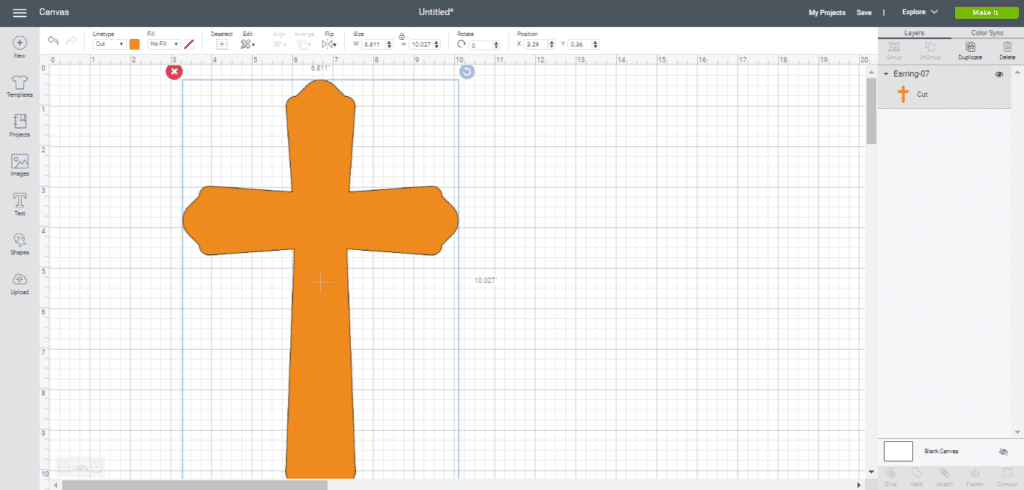 inserting a cross svg earring file for faux leather earrings onto the Cricut canvas
