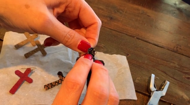 adding a hook to the Easter faux leather earrings
