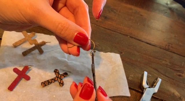 adding a hook to the Easter faux leather earrings