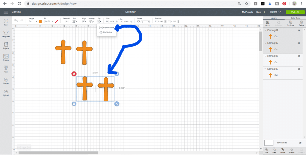 Horixontal flip the cross leather earring