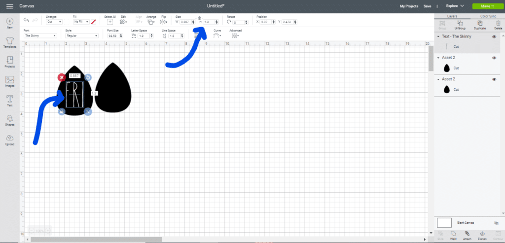 change size of the font by selecting the text and then changing the number in the height field