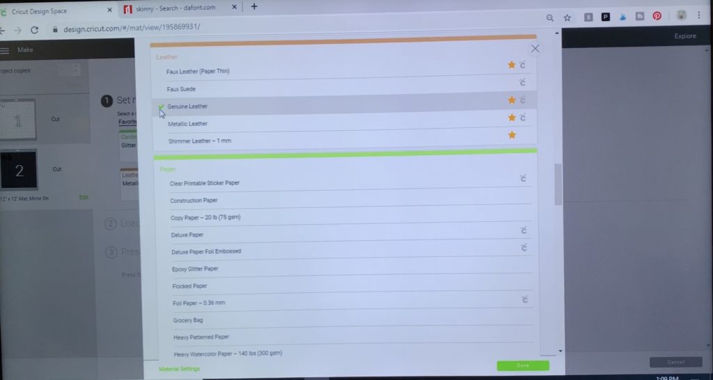 browse all materials and select the genuine leather setting in Cricut Design Space