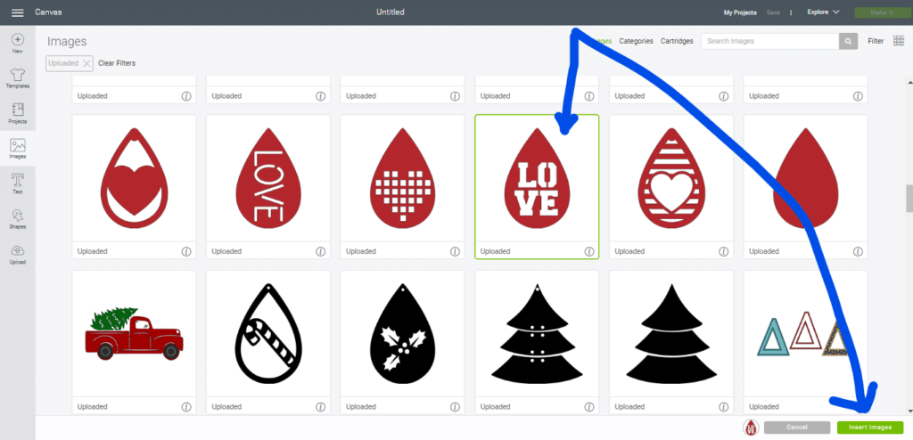 Inserting LOVE leather earring onto the Cricut canvas in Cricut Design Space