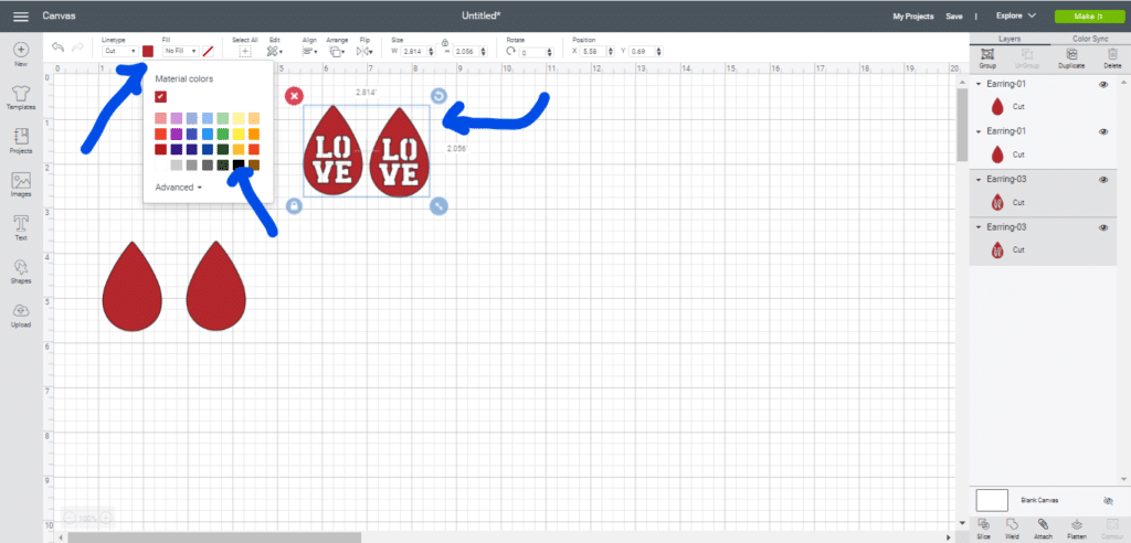changing color of LOVE leather earrings diy on Cricut canvas in Cricut Design Space