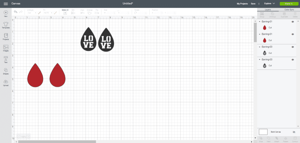 Love leather earrings on Cricut mat