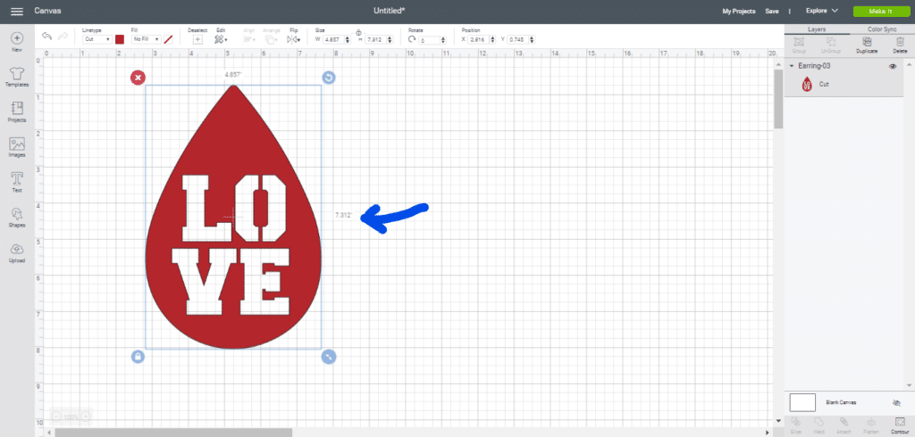 LOVE diy earrings on Cricut canvas in Cricut Design Space