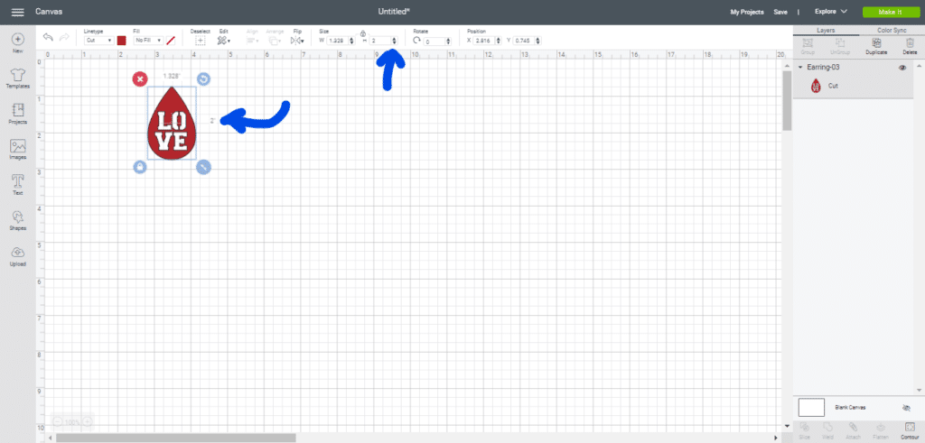 LOVE diy earrings on Cricut canvas in Cricut Design Space