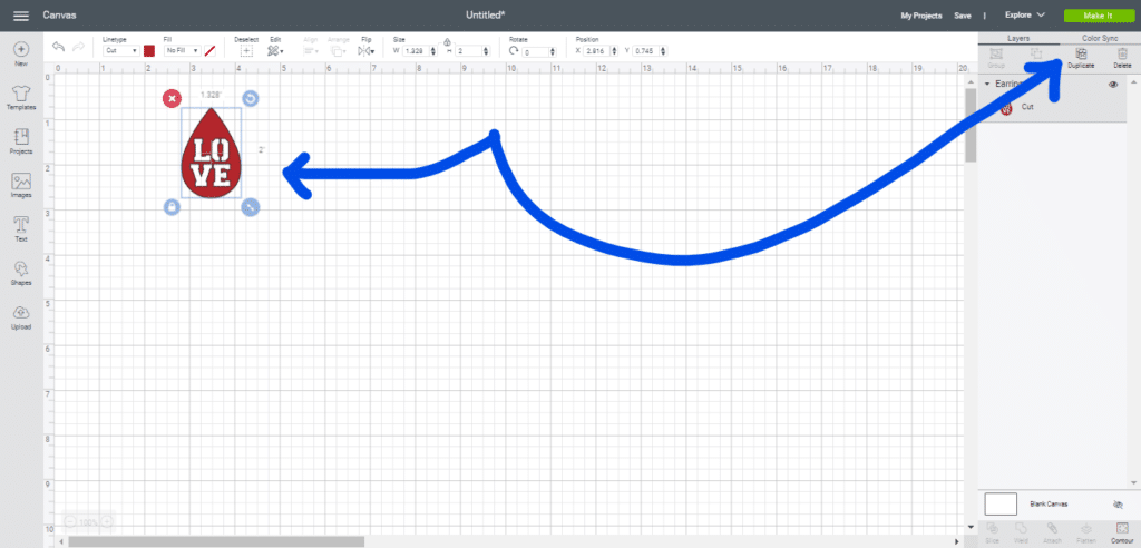 Duplicate LOVE leather earring on the Cricut Canvas