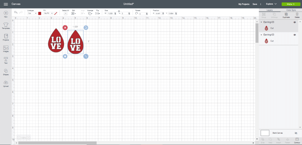 Duplicate LOVE leather earring on the Cricut Canvas