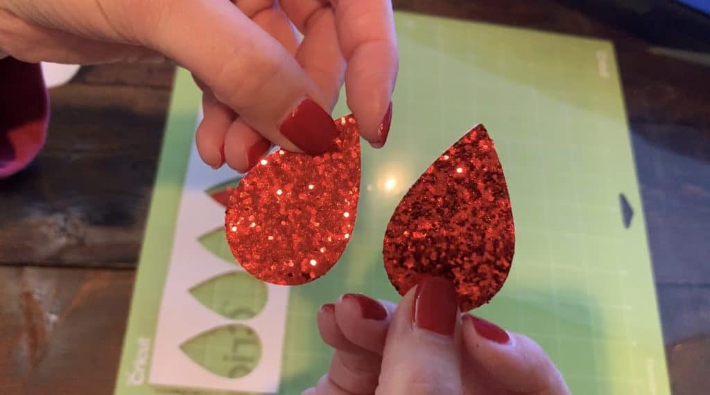 red glitter faux leather earrings
