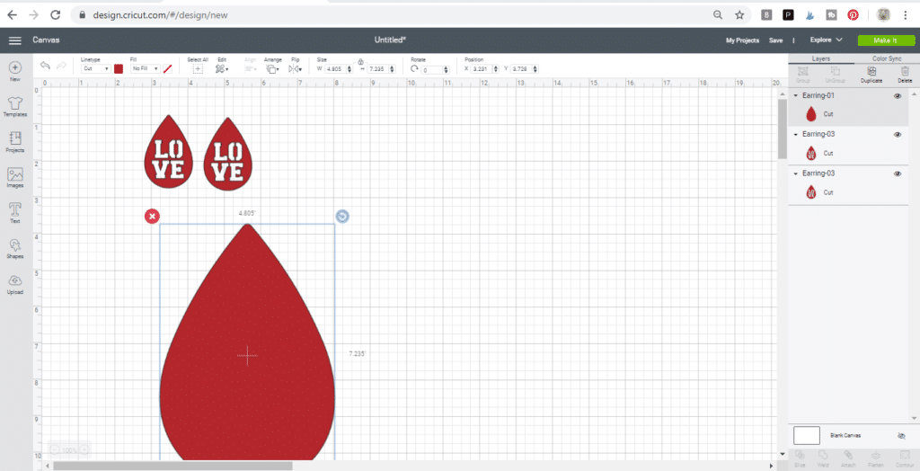 faux leather earring on the Cricut Canvas in Cricut Design Space