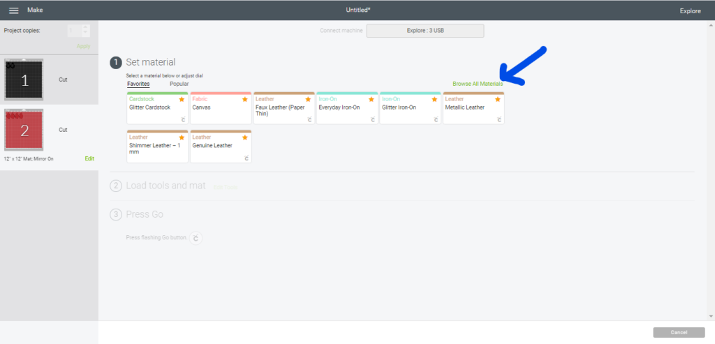 Selecting a material from the Browse all materials menu on Cricut Design Space for your Cricut machine