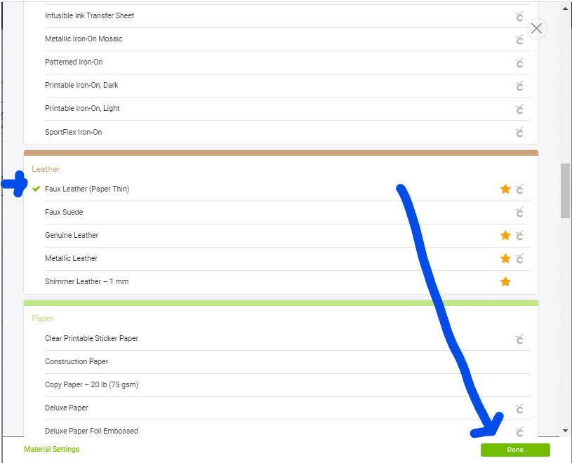 Selecting a material from the Browse all materials menu on Cricut Design Space for your Cricut machine
