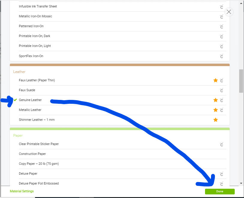 Selecting a material from the Browse all materials menu on Cricut Design Space for your Cricut machine