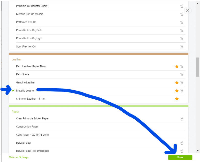 Selecting a material from the Browse all materials menu on Cricut Design Space for your Cricut machine