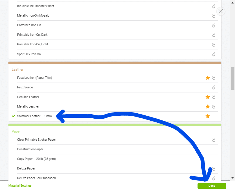 Selecting a material from the Browse all materials menu on Cricut Design Space for your Cricut machine