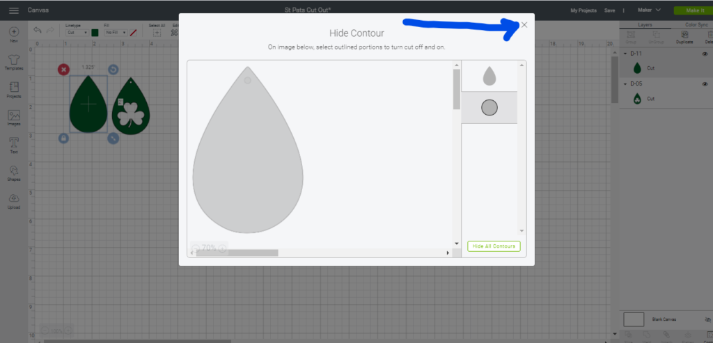 Using Contour button to hide diy leather earring hole on Cricut Design Space