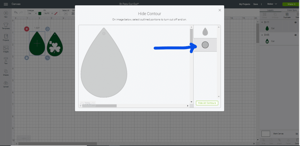 Using Contour button to hide diy leather earring hole on Cricut Design Space