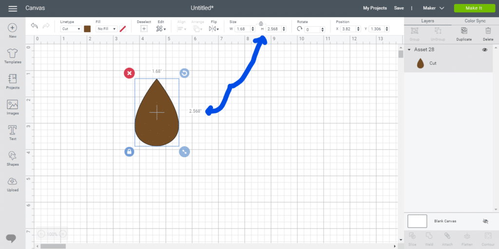 inserting an earring teardrop image onto the Cricut Design Space area for a DIY earring