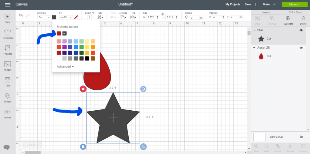 Changing the color of the star shape on Cricut Design Space