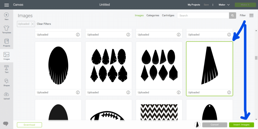 inserting fringe earring svg onto the canvas in Cricut Design Space