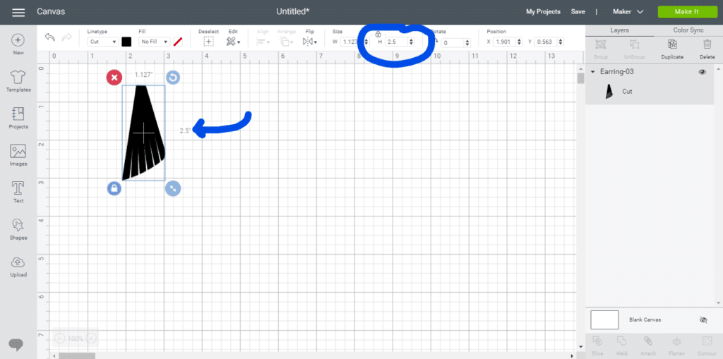 changing the height of the fringe earrings on the Cricut mat