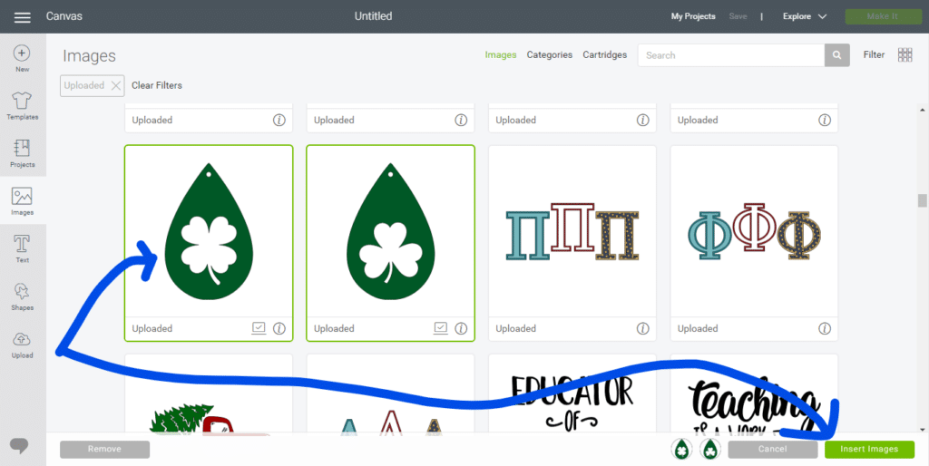 Inserting the Shamrock leather earring diy file onto the Cricut canvas