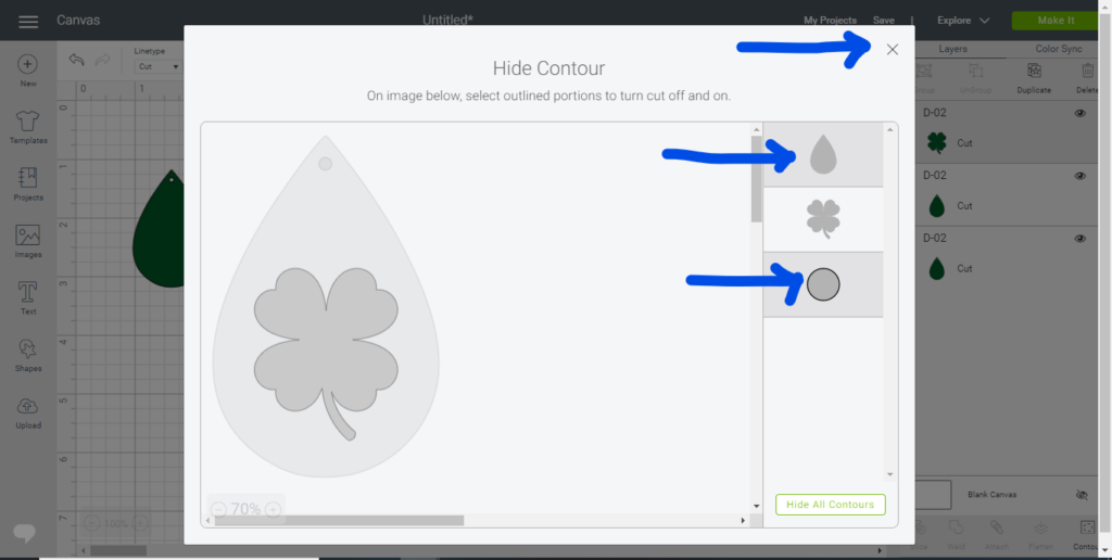 Click Contour to isolate the shamrock as the only unhidden part of the diy earring image
