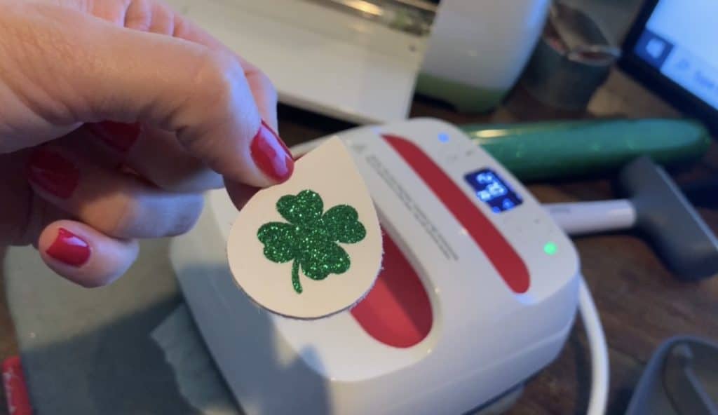 leather teardrop after the green glitter vinyl is attached