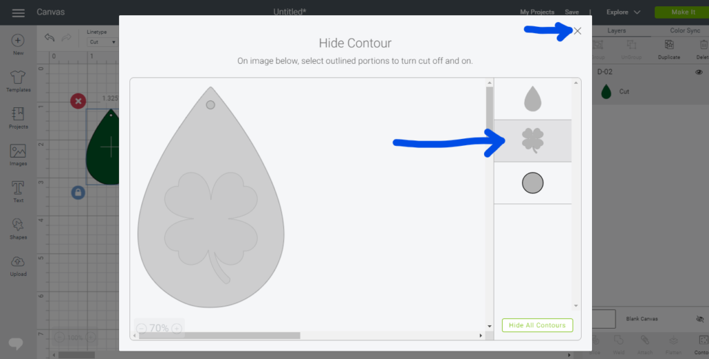 Using the contour button to hide the shamrock on St Patrick's Day leather earrings