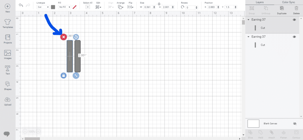 leather bar earring, delete it by clicking on the x