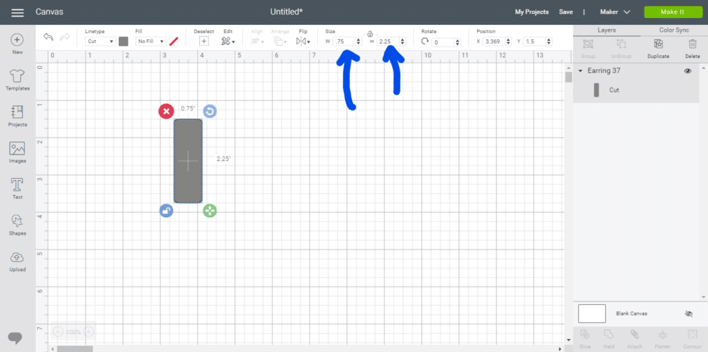 changing size in width and height fields