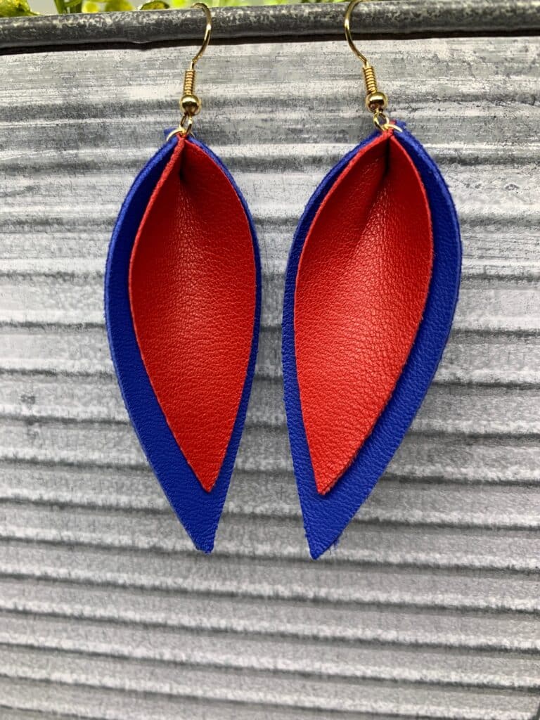red and blue diy pinched leather earrings