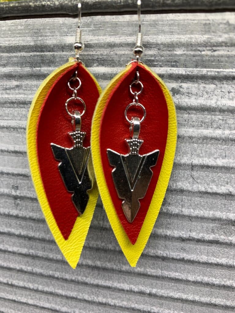 red and yellow diy pinched leather earrings with arrow head